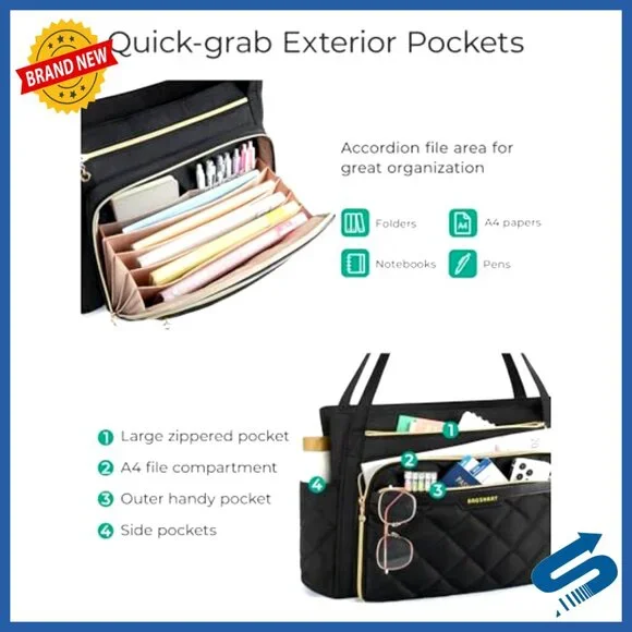 15.6in Quilted Laptop Tote with Insulated Pocket, Teacher Nurse Bag - Picture 3 of 6